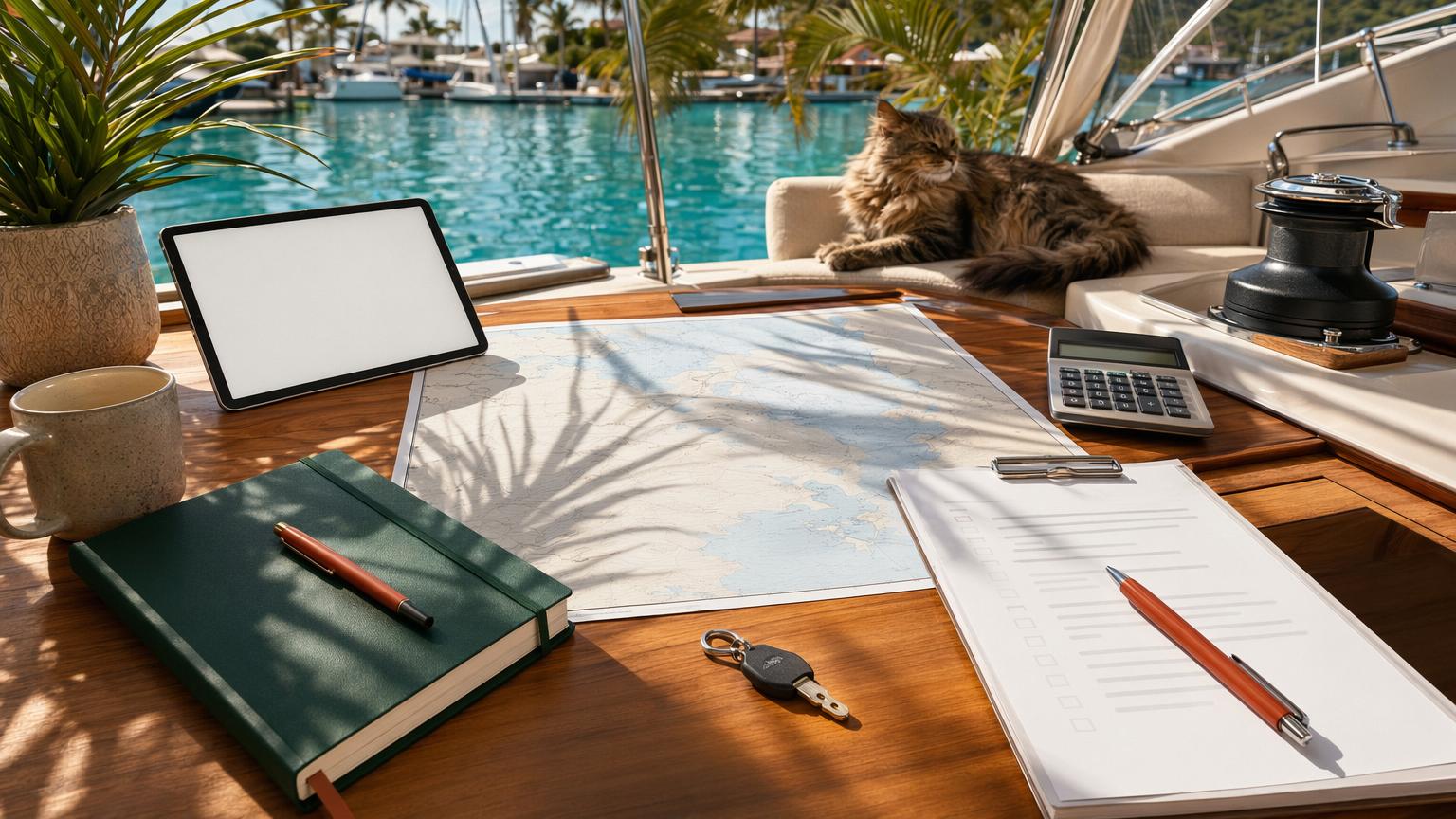 Tropical yacht cockpit table with cost planning notes, marina map, calculator and a fluffy cat on board.