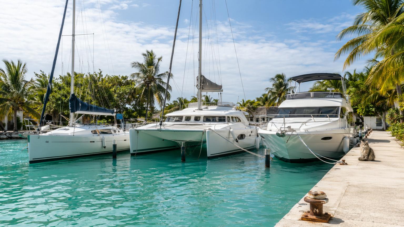 Tropical marina with a sailboat, catamaran, motor yacht and a fluffy cat on the dock.