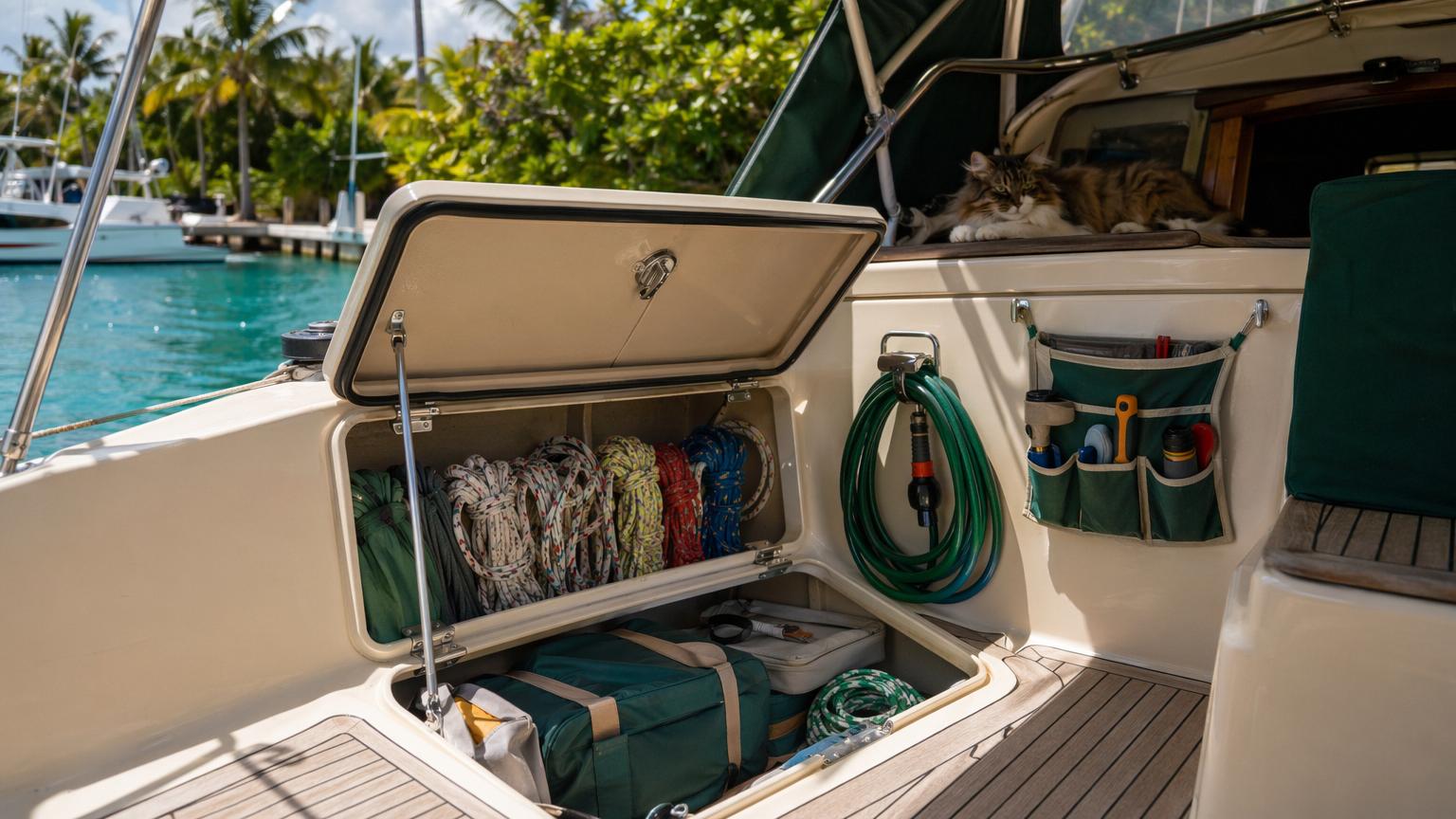 Tropical liveaboard yacht deck storage with coiled lines, safety gear and a fluffy cat on board.