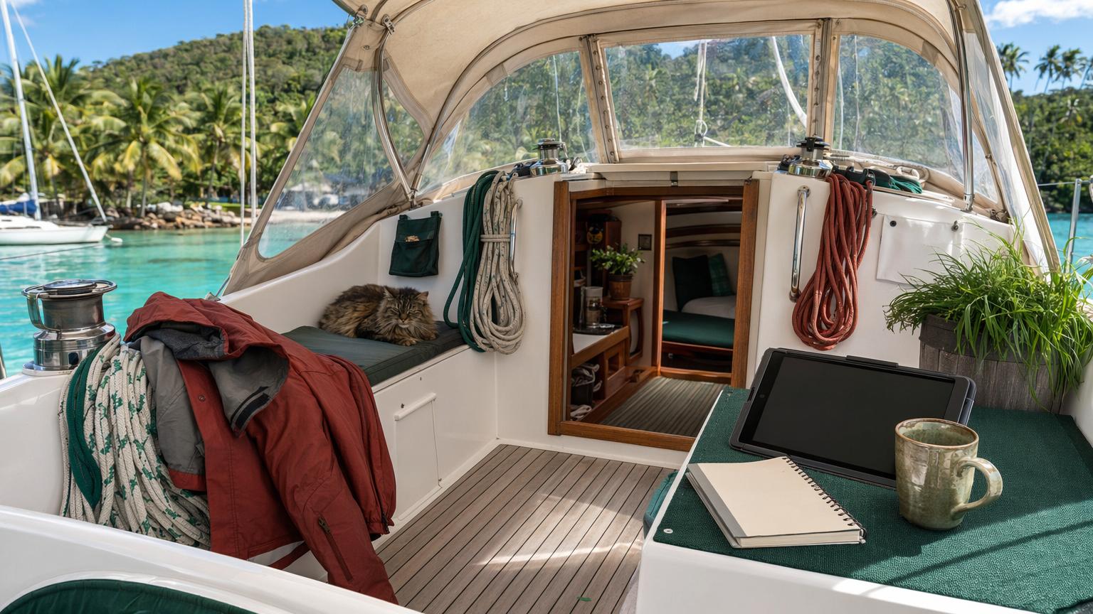 Tropical liveaboard yacht cockpit with practical planning gear and a fluffy cat on board.