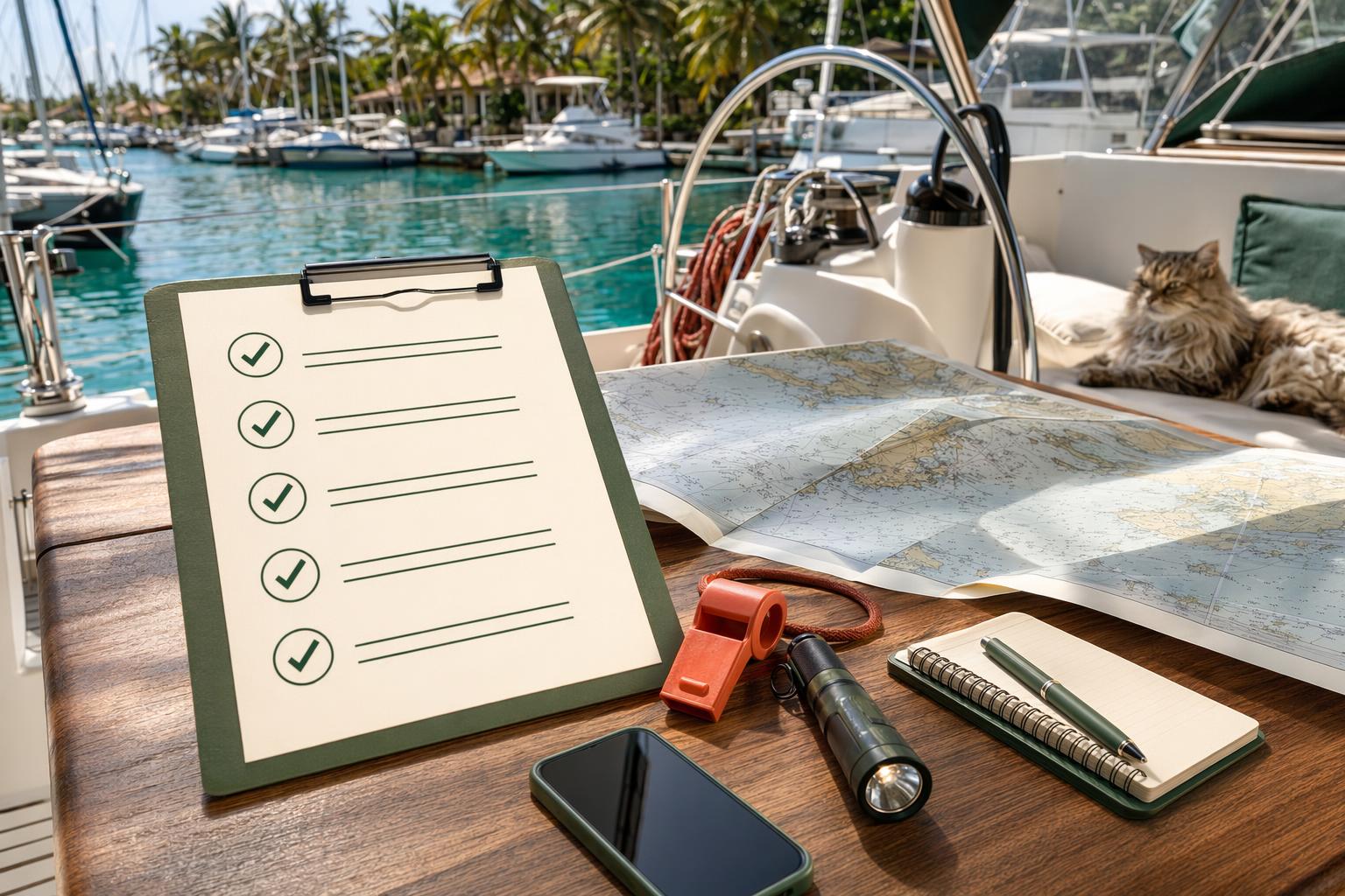 Tropical yacht living checklist board with marina chart, safety gear and a fluffy cat on board.