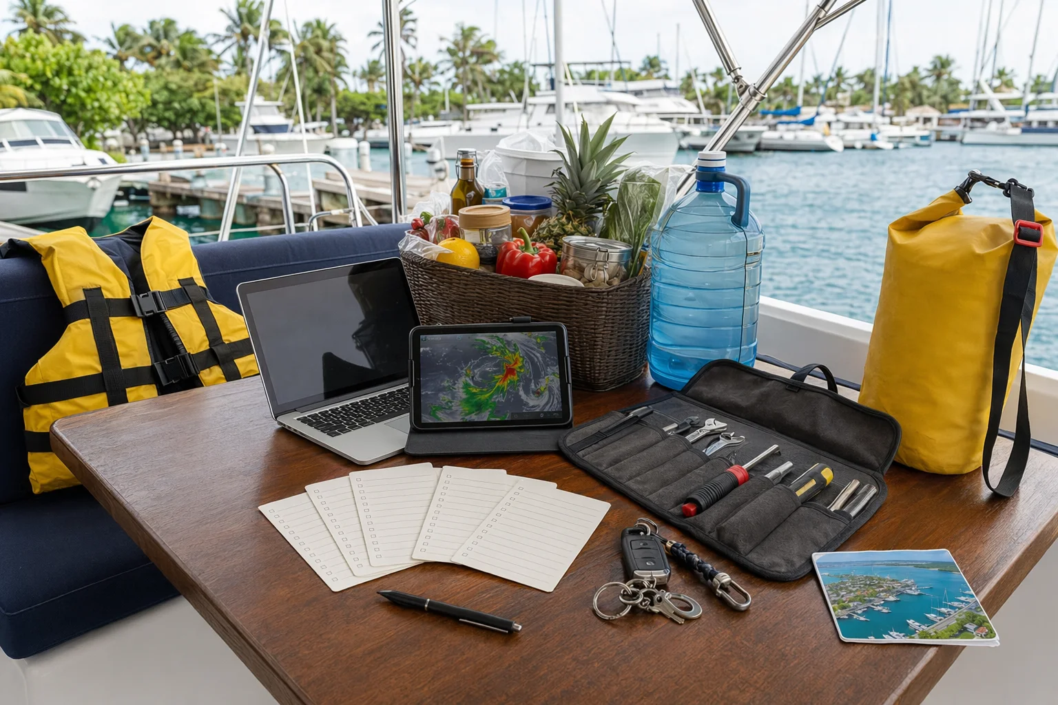 Liveaboard yacht checklist setup with blank cards, boat keys, tool roll, water jug, marina card, life jacket, laptop and dry bag.