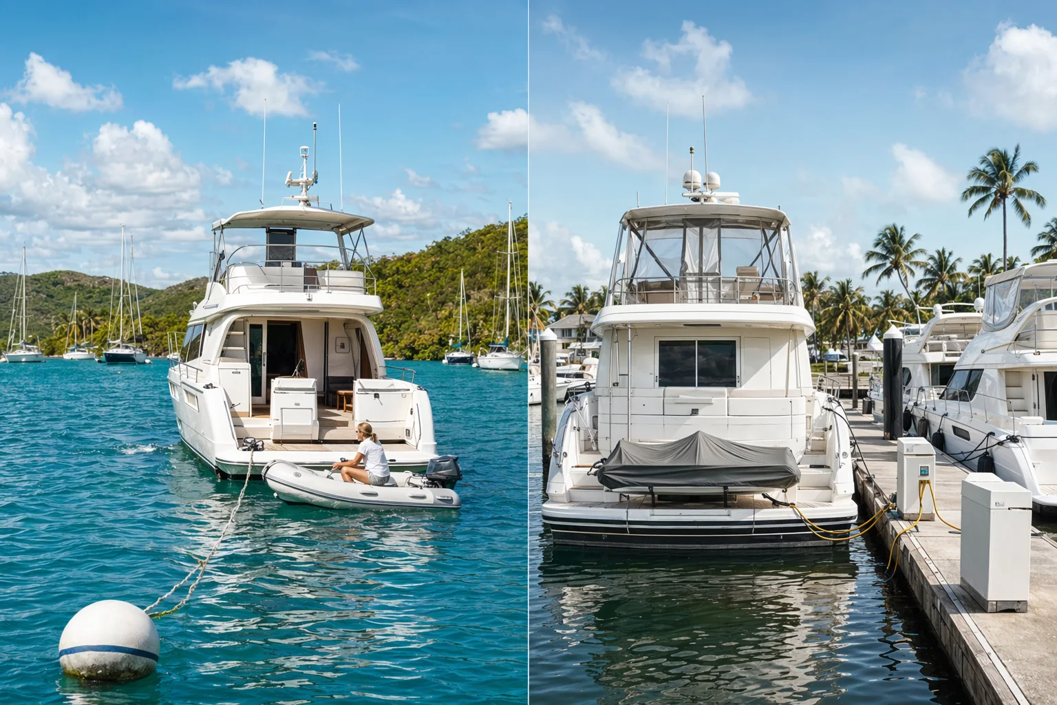 Liveaboard comparison of a yacht on a mooring with dinghy access and a yacht in a marina slip with shore power.