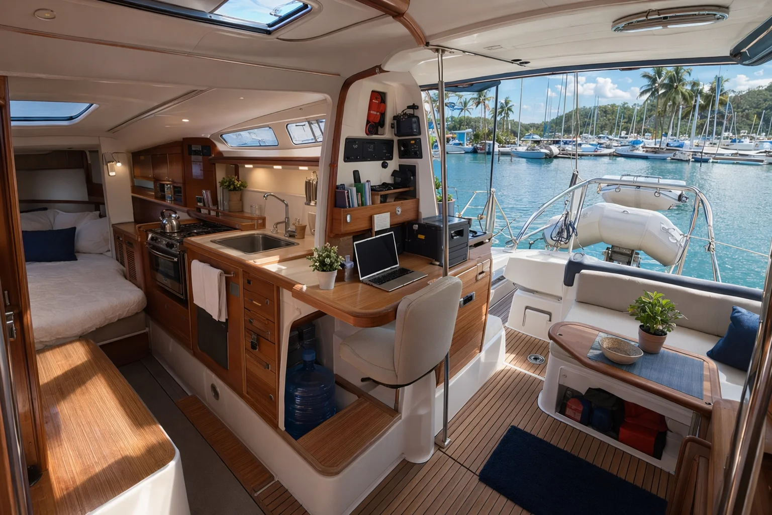 Liveaboard yacht cabin and cockpit showing berth, galley, workspace, storage lockers, water jug, power monitor and dinghy access.