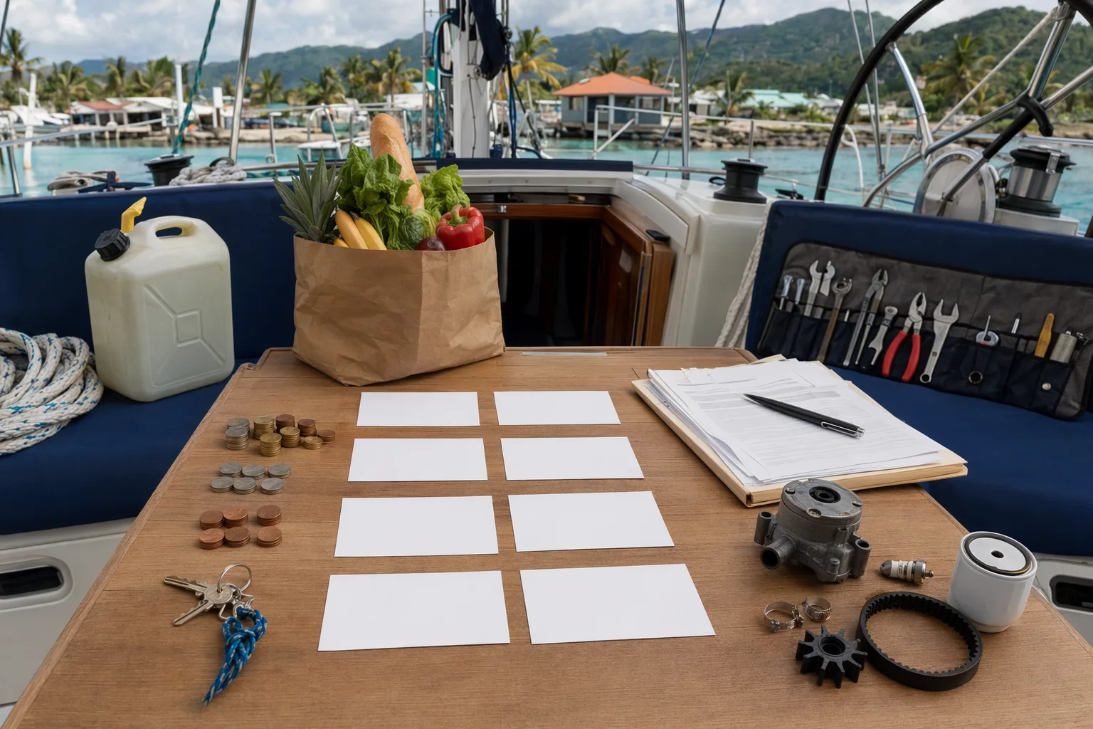 Liveaboard yacht budget setup with blank planning cards, marina key, groceries, fuel jug, tools, coins and repair parts.