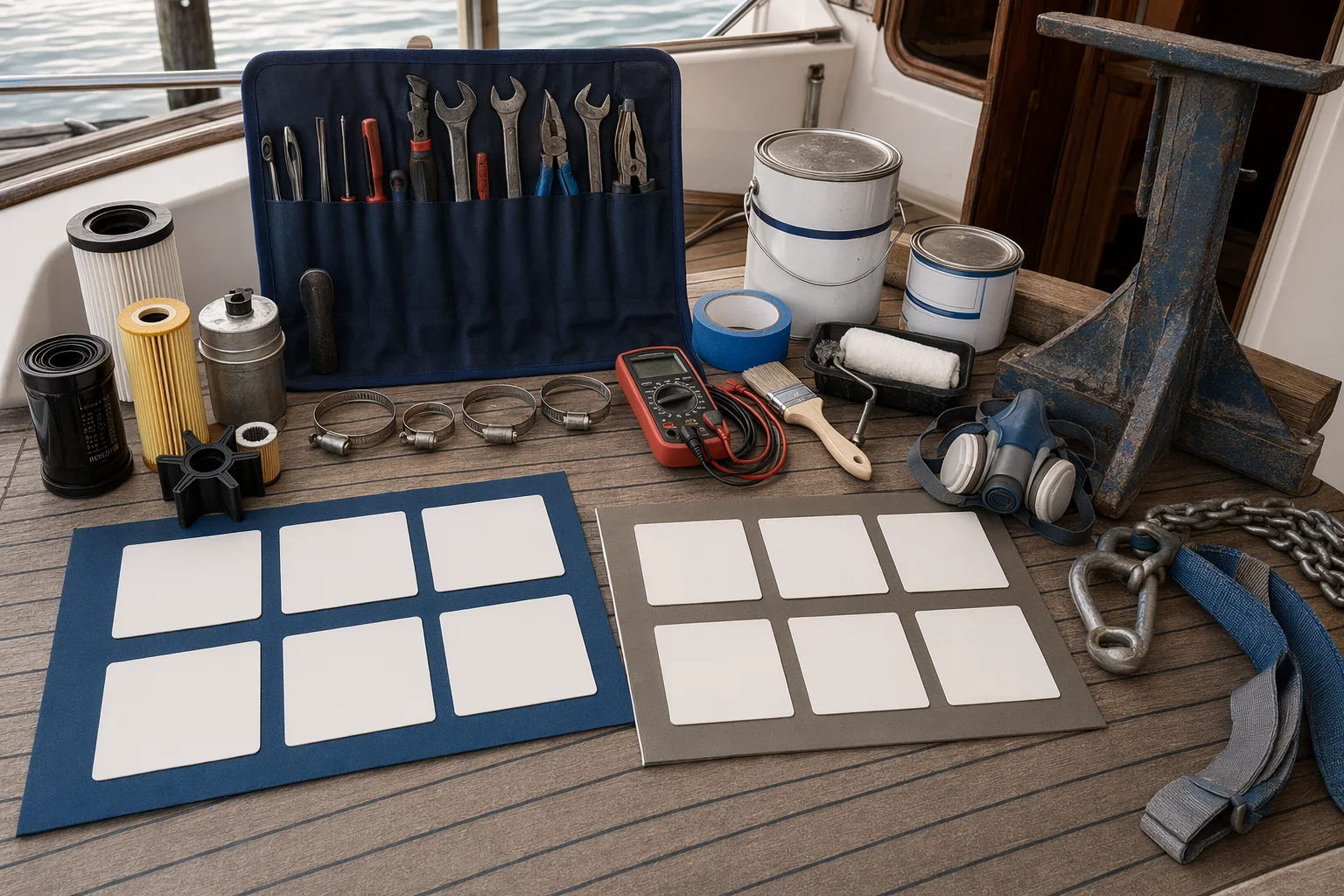Liveaboard maintenance cost setup with tools, spare filters, hose clamps, battery tester, paint supplies and blank cost cards.