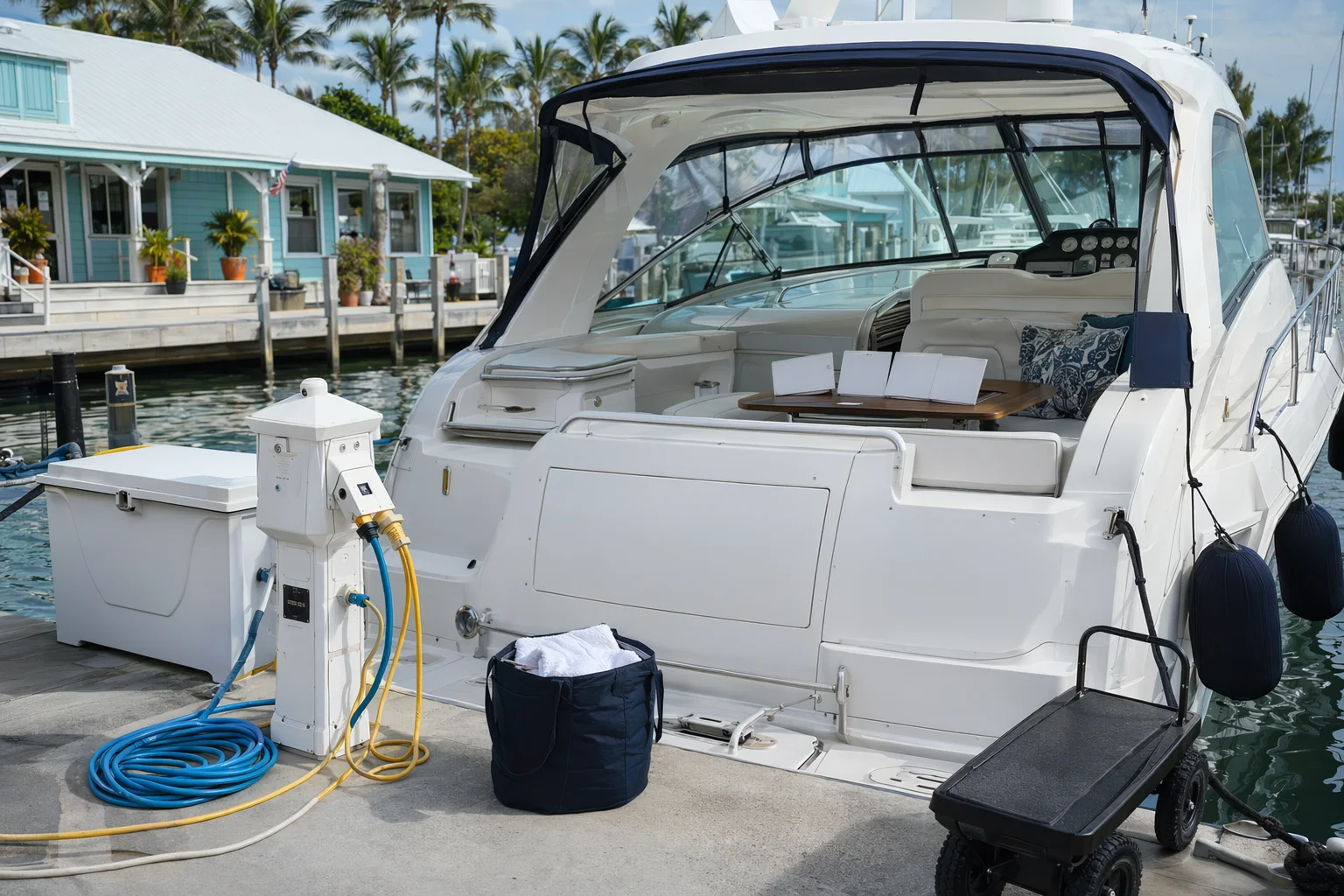 Liveaboard marina slip with shore power, water hose, dock box, laundry bag, fenders and blank monthly planning pages.