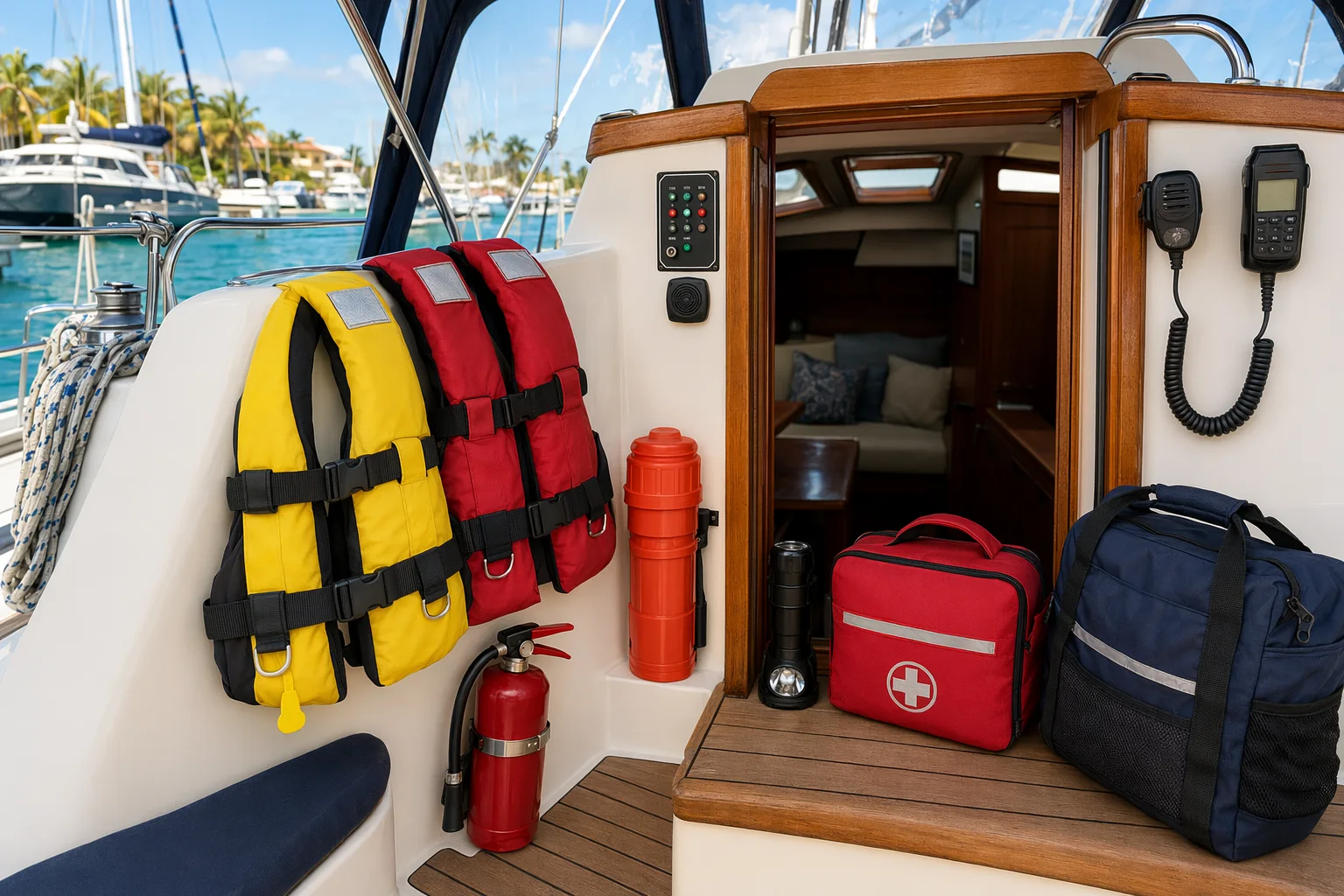 Liveaboard yacht safety equipment with life jackets, fire extinguisher, first aid kit, VHF radio, flashlight and grab bag.