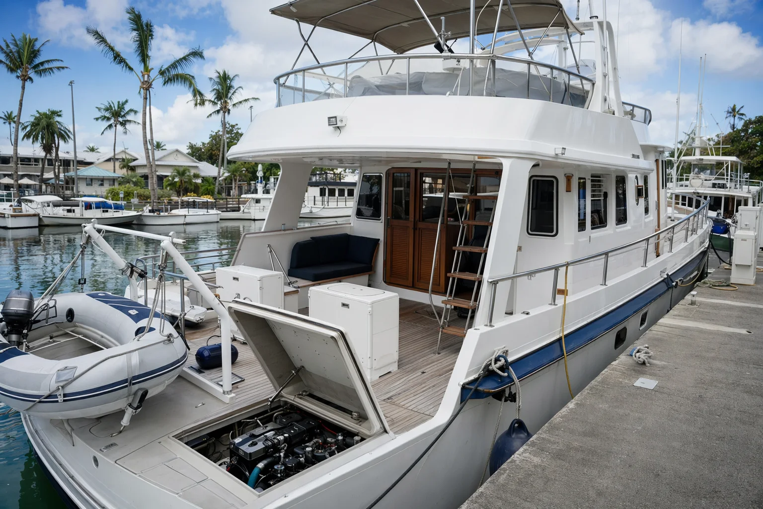 Liveaboard trawler at a tropical marina with side decks, engine access, protected cockpit, storage lockers, shore power and dinghy access.