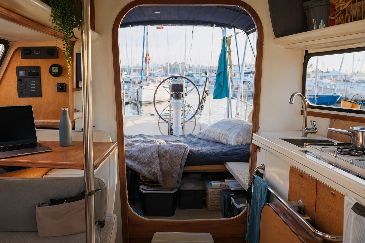 Sailboat cabin arranged for daily life with berth, small galley, laptop workspace, drying towel, storage bins, battery monitor and water bottle.