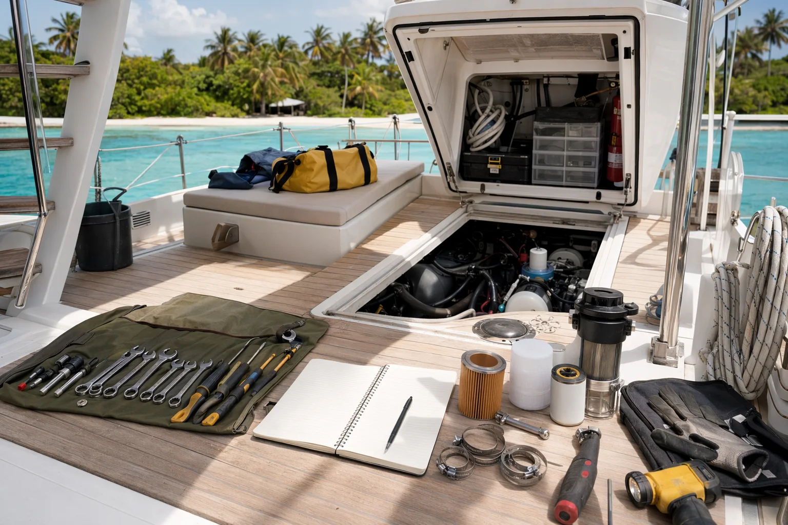 Liveaboard yacht maintenance setup with open locker, bilge access, tool roll, spare filters and safety gear on deck.